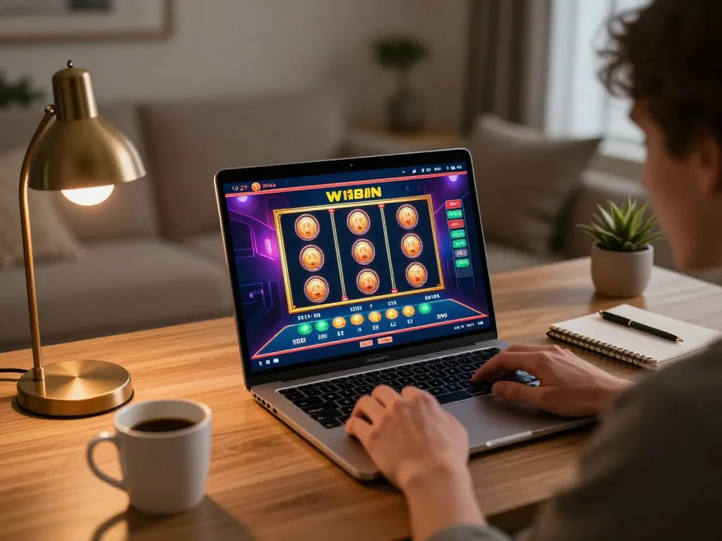 Player engaging with W188 online casino gameplay on a laptop, highlighting dynamic gaming experience