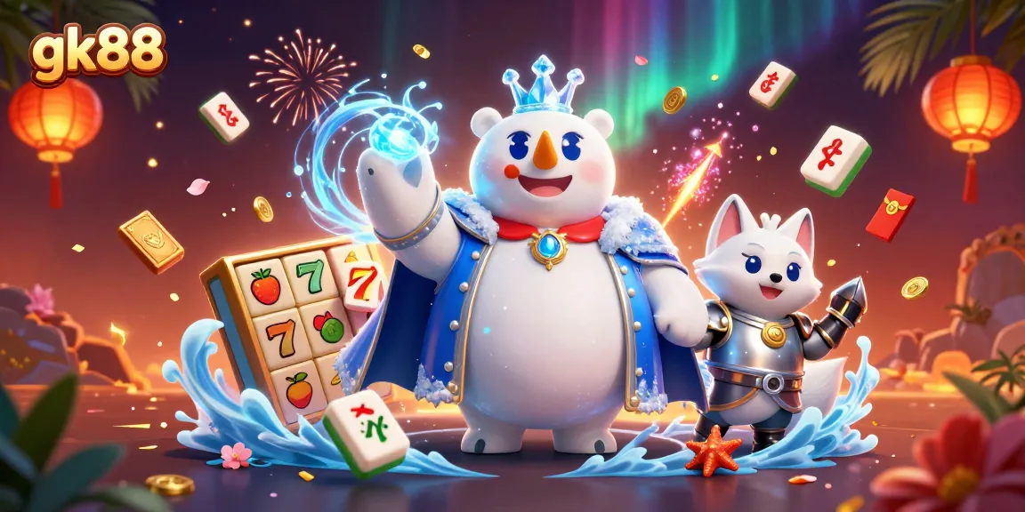Engage with gk88's vibrant casino world featuring a polar bear and fox amidst slot game elements.