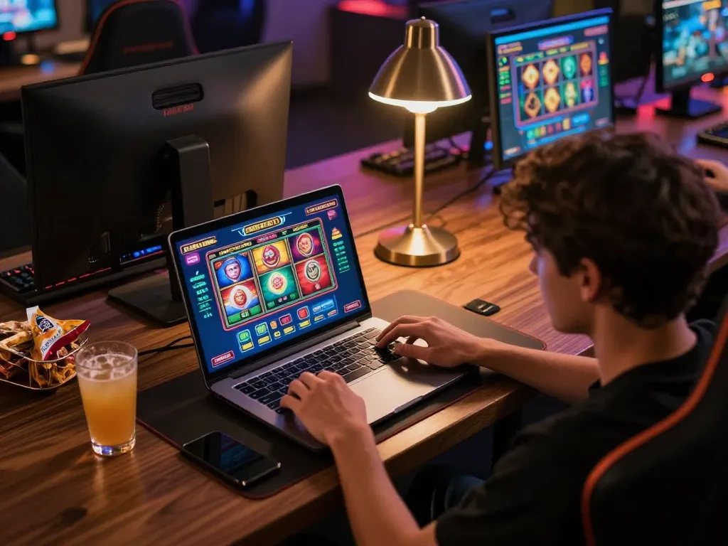 Engaging with go8 online casino games on a cozy gaming setup, showcasing modern lifestyle.