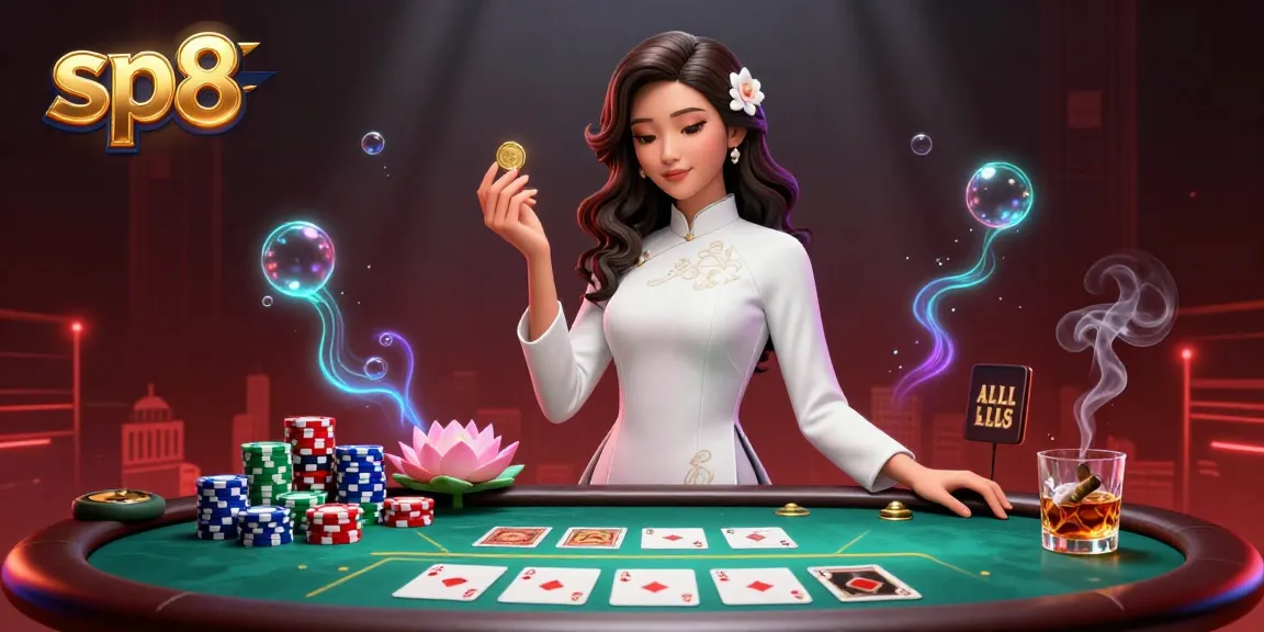 Engage in the thrilling world of sp8 poker with vibrant chips, cards, and an elegant dealer.