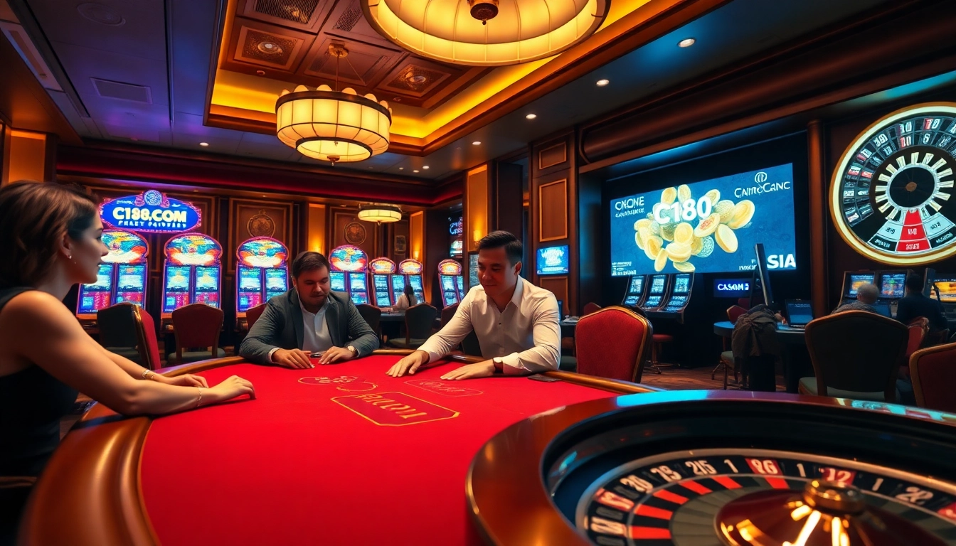 Experience high-stakes action at C168.COM with a luxurious poker setup and vibrant slot machines.