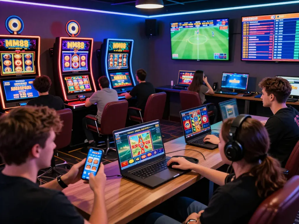 Players enjoying MM88 online betting on smartphones and laptops in a vibrant gaming atmosphere