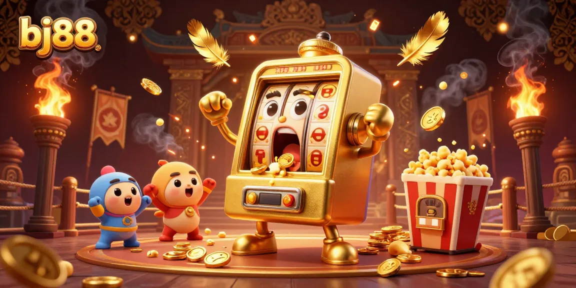 Experience bj88 with vibrant slot machines celebrating a jackpot amidst a lively casino scene.