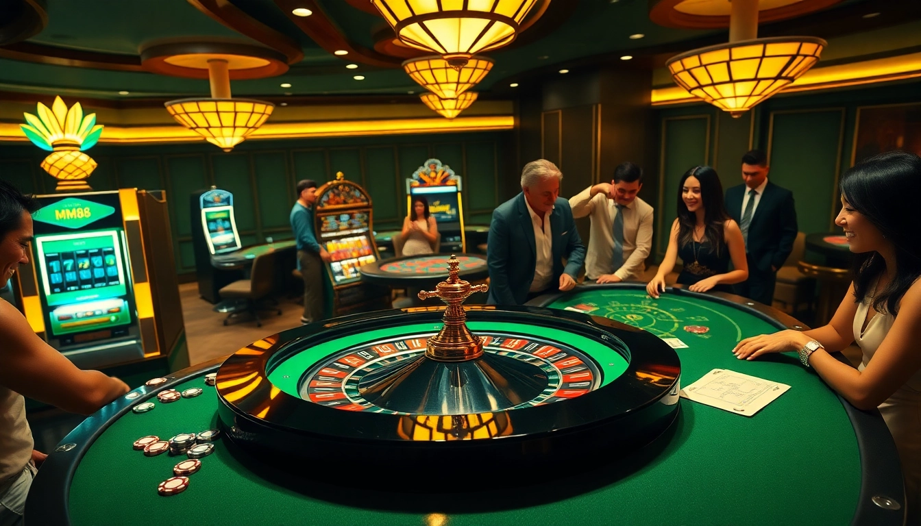 Players celebrating a win at MM88's luxurious casino scene with roulette and poker tables.