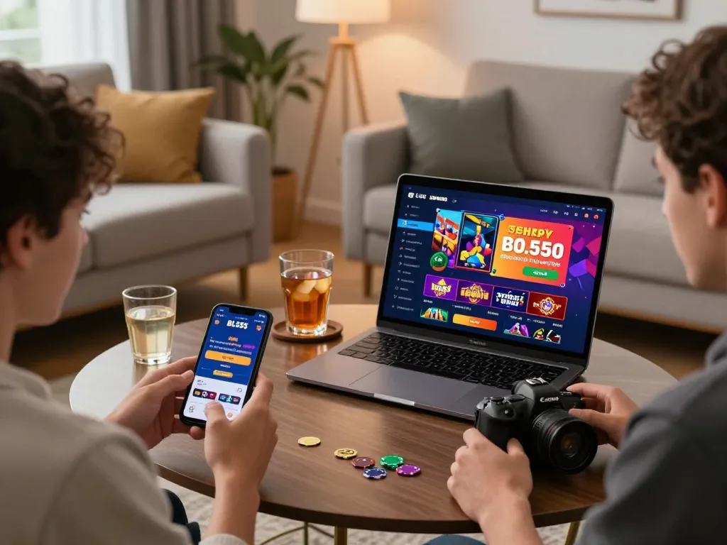 Players engaging with BL555 online gambling platform in a cozy home setting with vibrant game graphics.