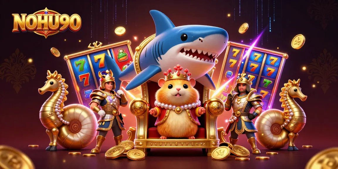Experience the excitement of NOHU90 with a golden hamster king on a shark's throne among slot reels and vibrant symbols.