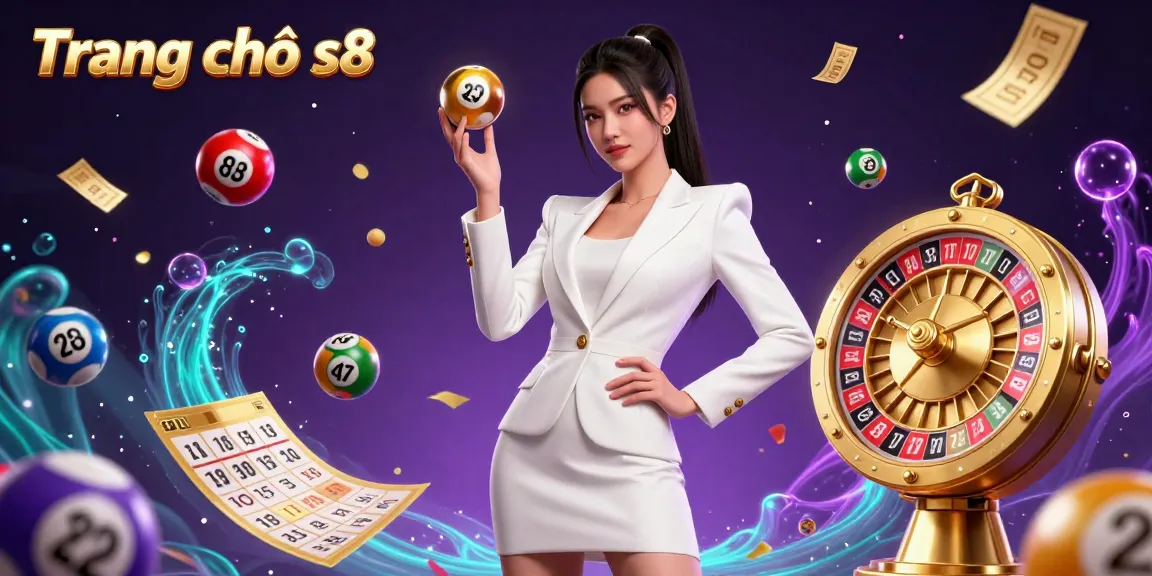 Engage with the excitement of gambling at Trang chủ s8, featuring a stunning Asian woman in a tuxedo holding a roulette ball amidst dynamic lottery elements.