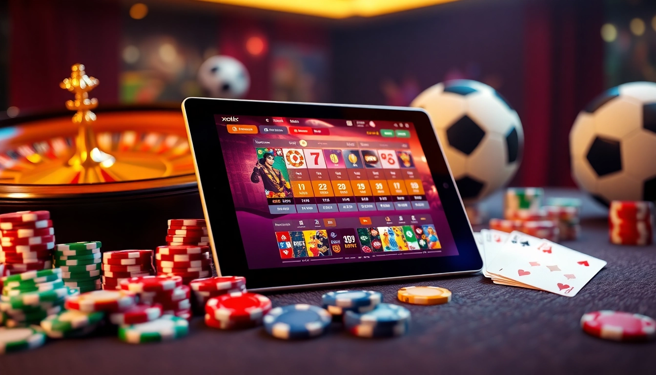 Xoilac TV showing live soccer streaming on a luxurious casino tablet interface with poker chips and cards.