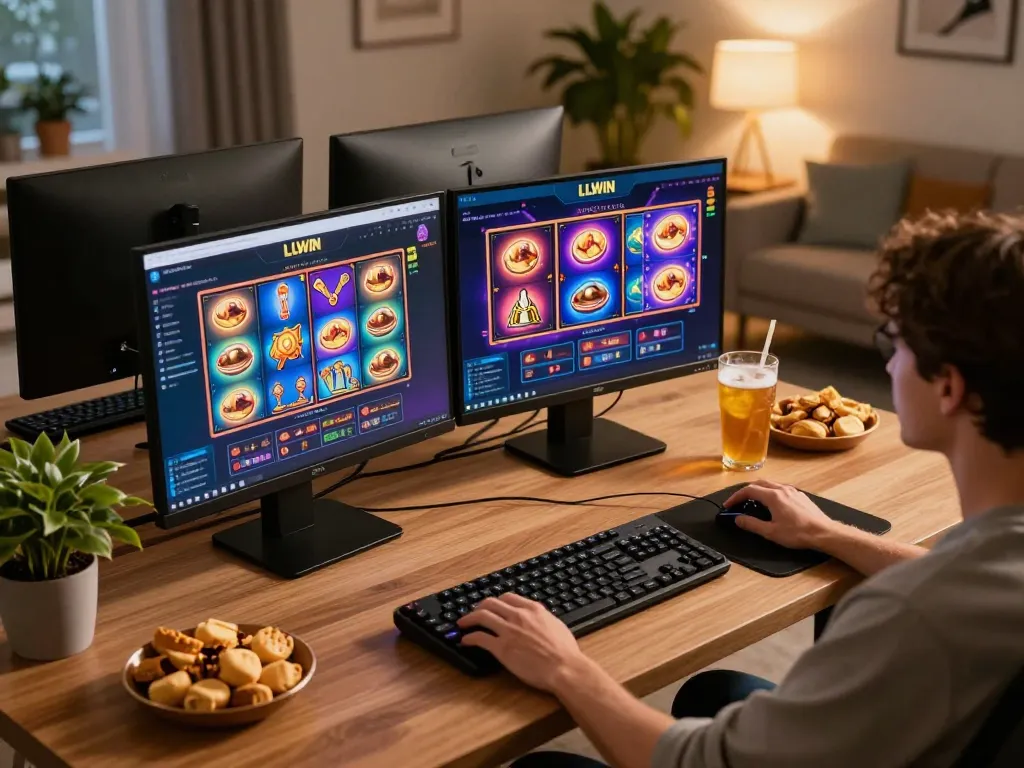 Engaging with LLWIN online casino platform showcasing slot games on a modern desktop setup