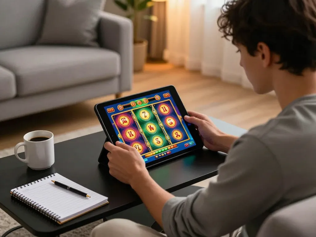 Player engaging in online gaming at home with XX88 tablet, showcasing exciting slot game interface.