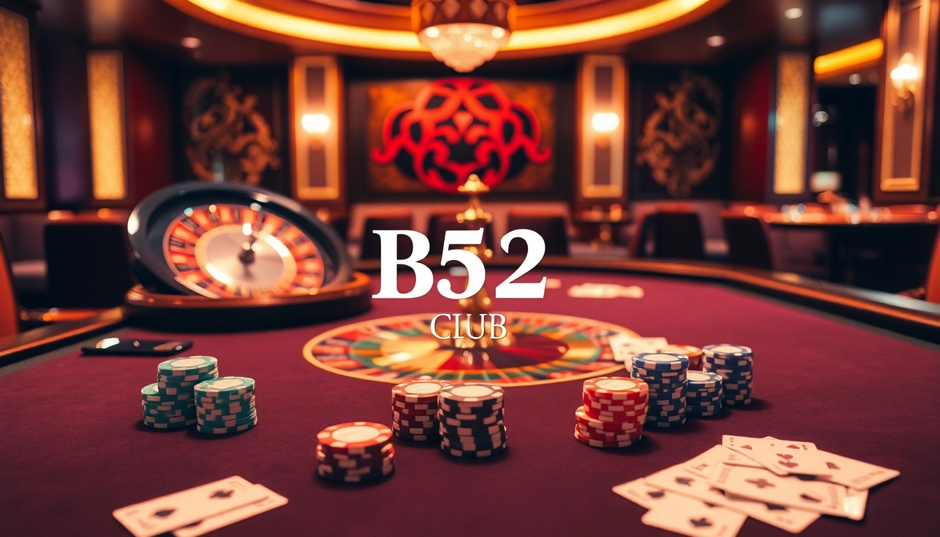 Experience excitement at the B52 Club poker table with vibrant chips and cards.