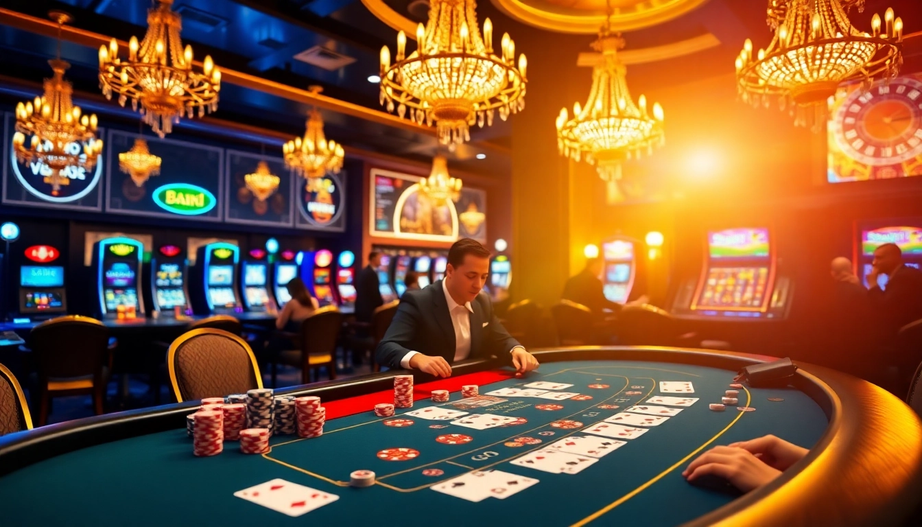 Experience the thrill of the nhà cái bj88 with vibrant casino tables and excited players.