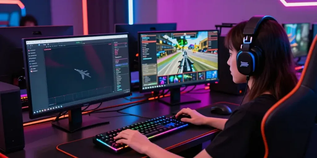 Gamer engaging with F168 online gaming platform, vibrant gaming setup.