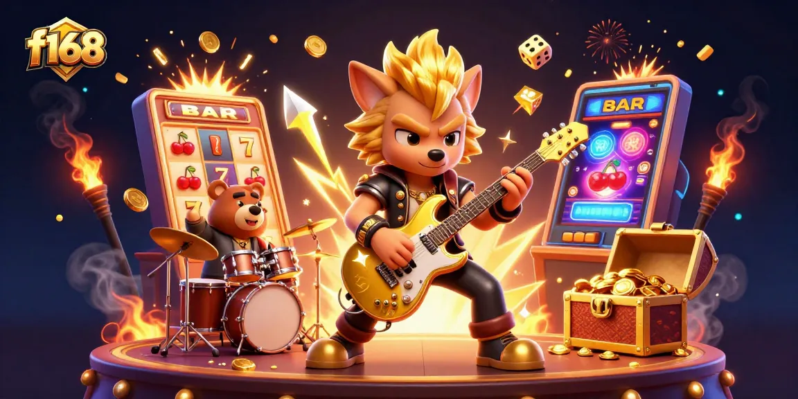 Experience the electric energy of f168 with a rock star wolf and drummer bear on a vibrant casino stage.
