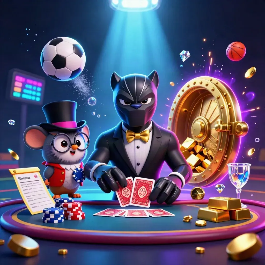 Neon casino mascots amid flying sports balls, gold, and glowing treasure under city lights.