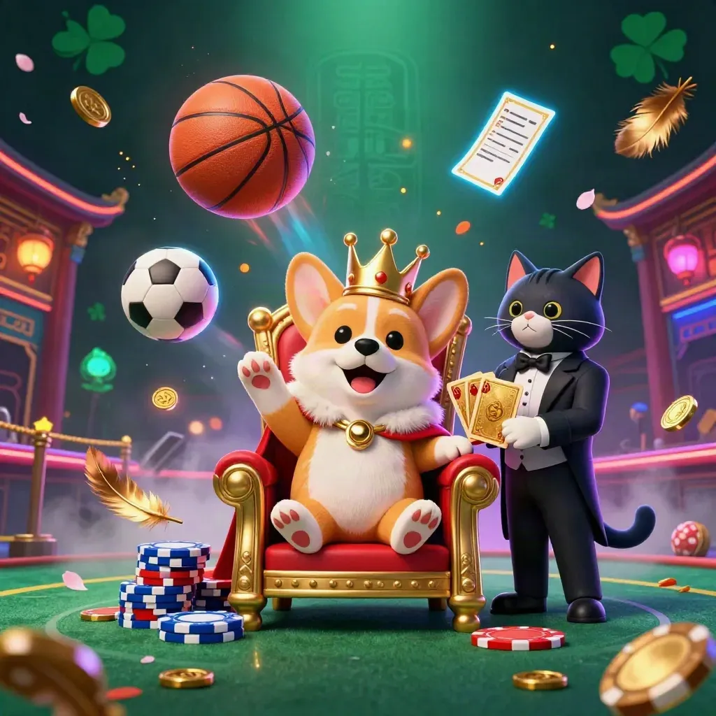 Royal corgi and cat butler amid flying basketball, chips, coins, and neon casino lights.