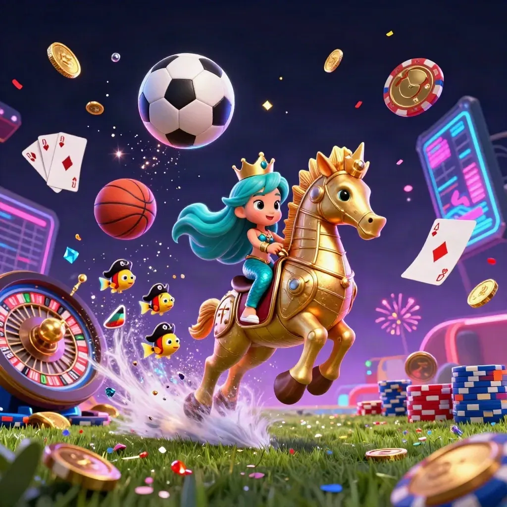 Mermaid princess on armored seahorse amid casino and sports energy at night.