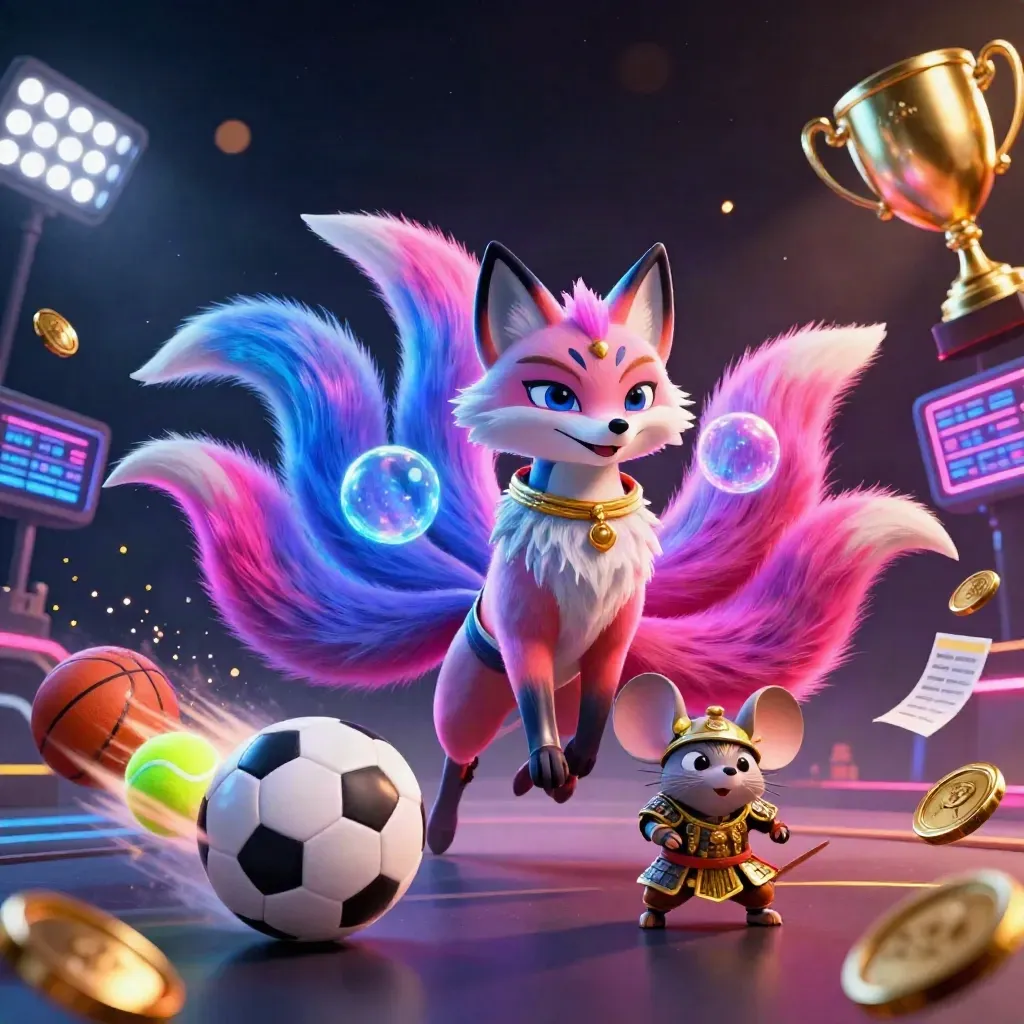 Neon fox and armored mouse with flying sports balls, coins, trophy, and floodlights