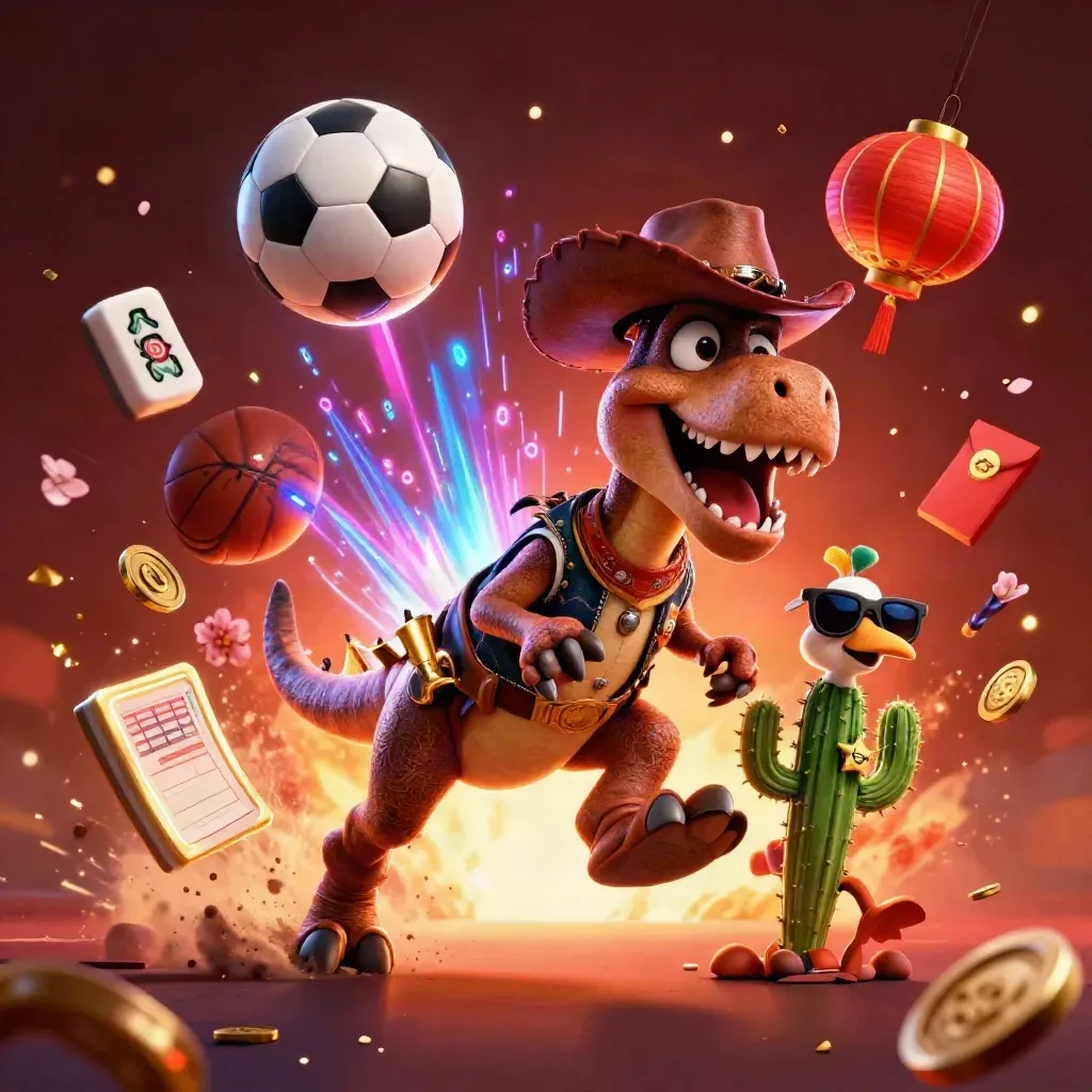 Cowboy T-rex, cactus sidekick, and roadrunner amid sports balls, coins, and neon casino energy