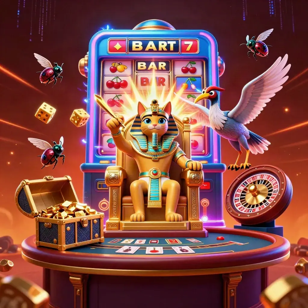 Pharaoh cat, ibis scribe and gem-wing scarabs amid neon slot-machine jackpot chaos