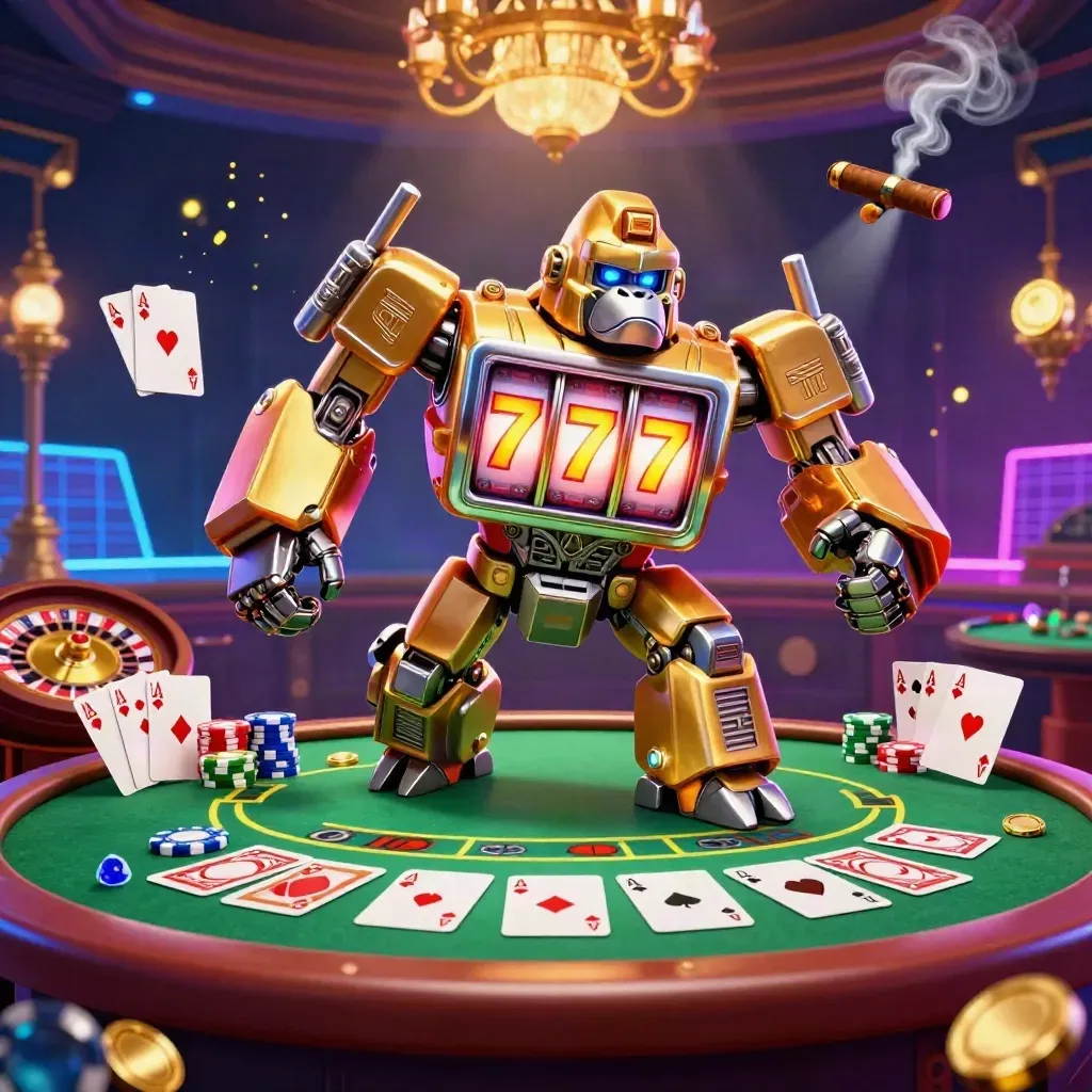 Golden gorilla slot mech with tiny monkey pilot amid poker, roulette, and casino glow