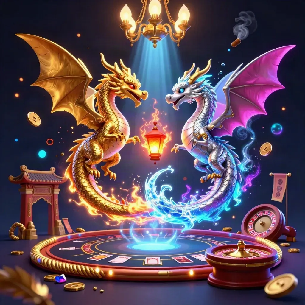 Twin gold and silver dragons spiral over a neon casino room with lantern spirit, temple gate, and glowing table.