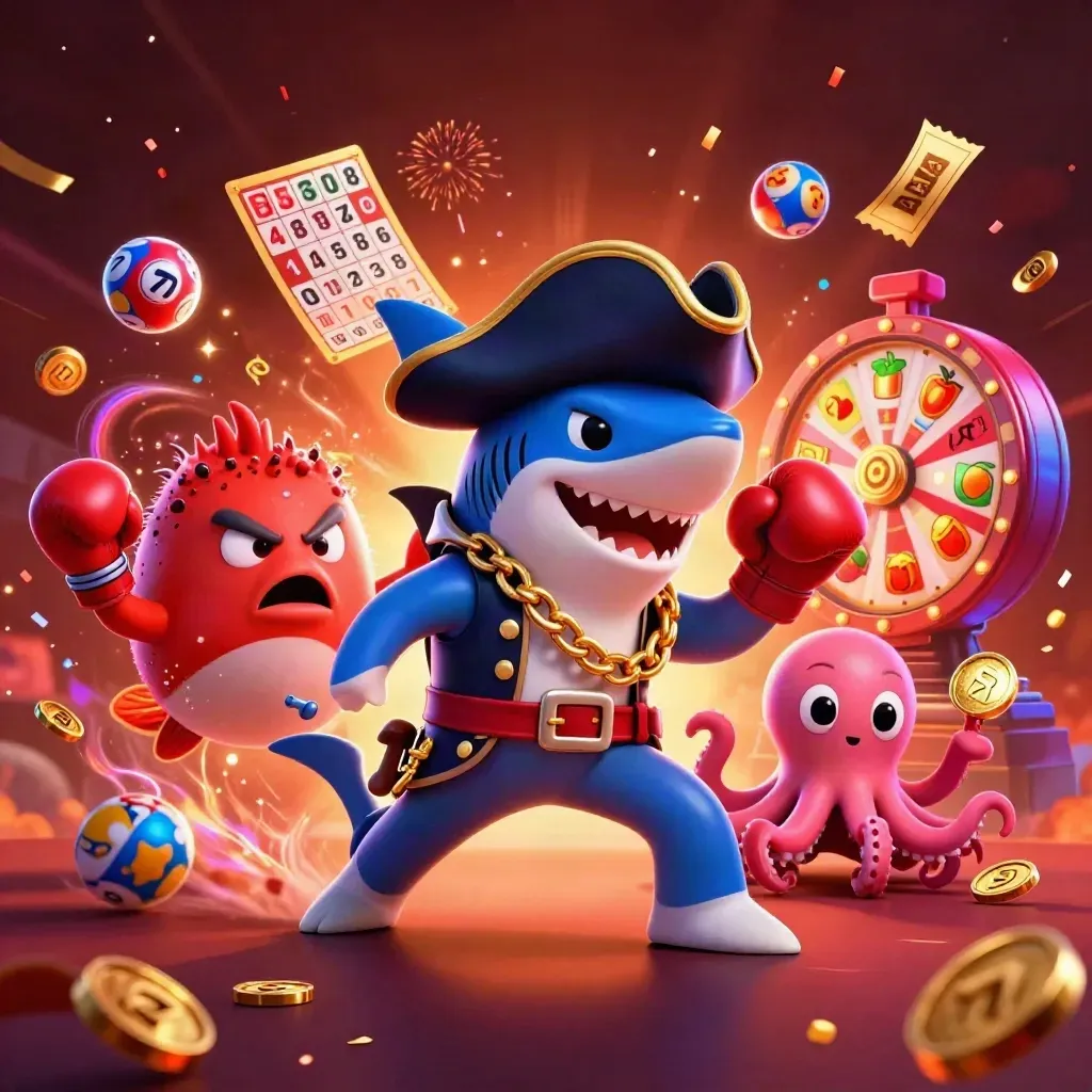 Shark pirate, boxing pufferfish, and juggling octopus amid neon casino bursts and fireworks.