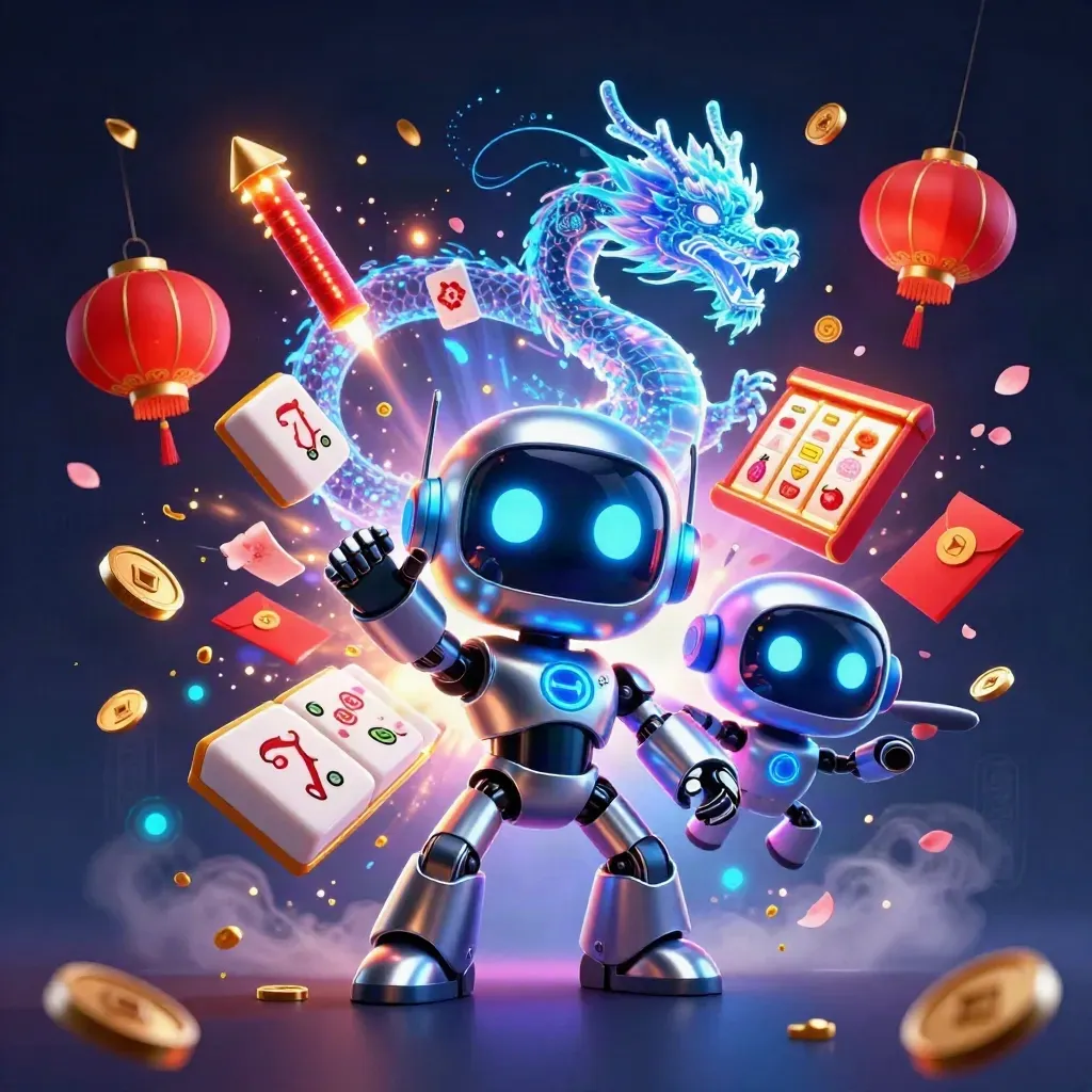 Cyberpunk robot, hologram dragon, and coin drone burst amid neon casino effects.