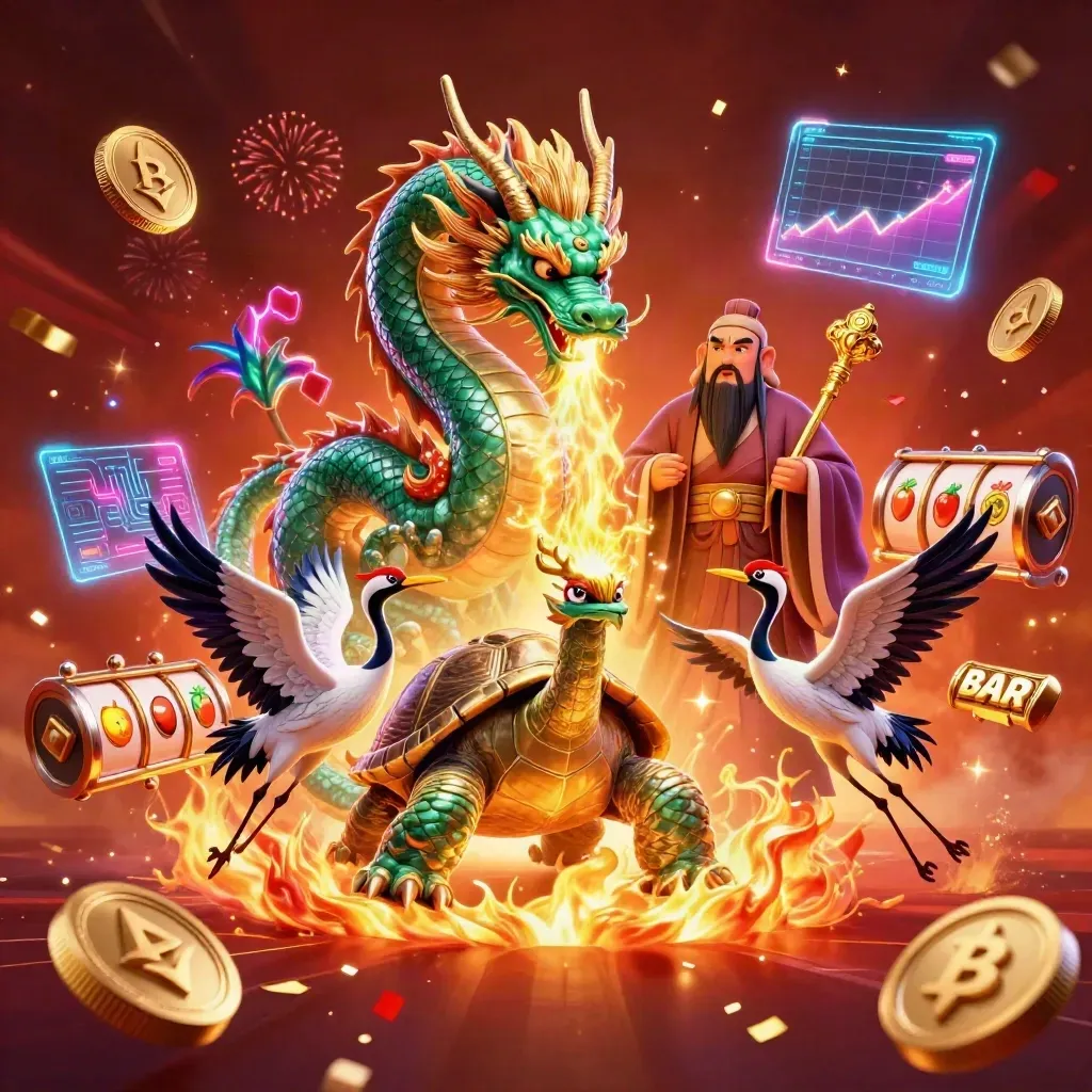 Jade dragon, turtle sage, and cranes amid coins, lightning, fireworks, and casino energy.