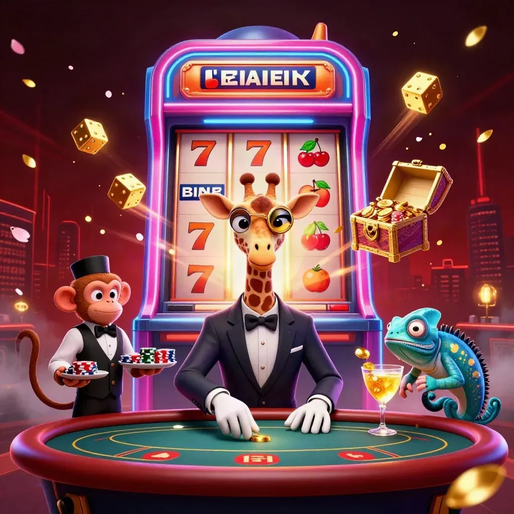 Giraffe, monkey, and chameleon in a neon casino scene with gold bursts and jackpot energy.