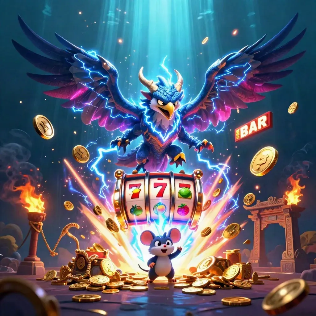 Thunder dragon, hawk, and mouse amid coins, reels, temple gate, and casino fireworks.