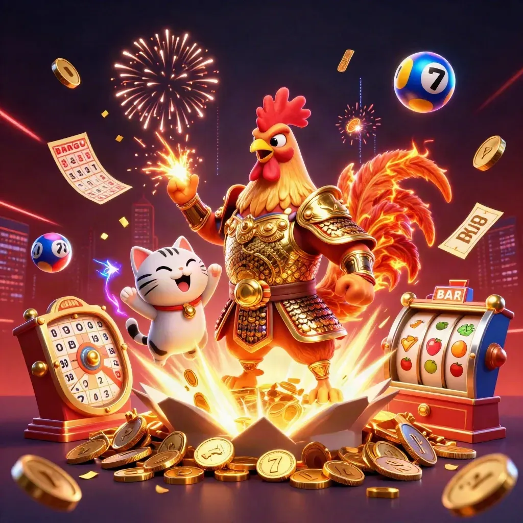 Rooster warrior, dragon hatchling, and fortune-cat amid coins, fireworks, reels, and neon casino energy