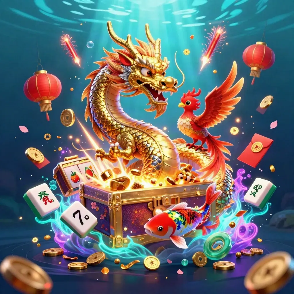 Golden dragon, phoenix, and koi amid neon casino treasure, coins, fireworks, and underwater glow.