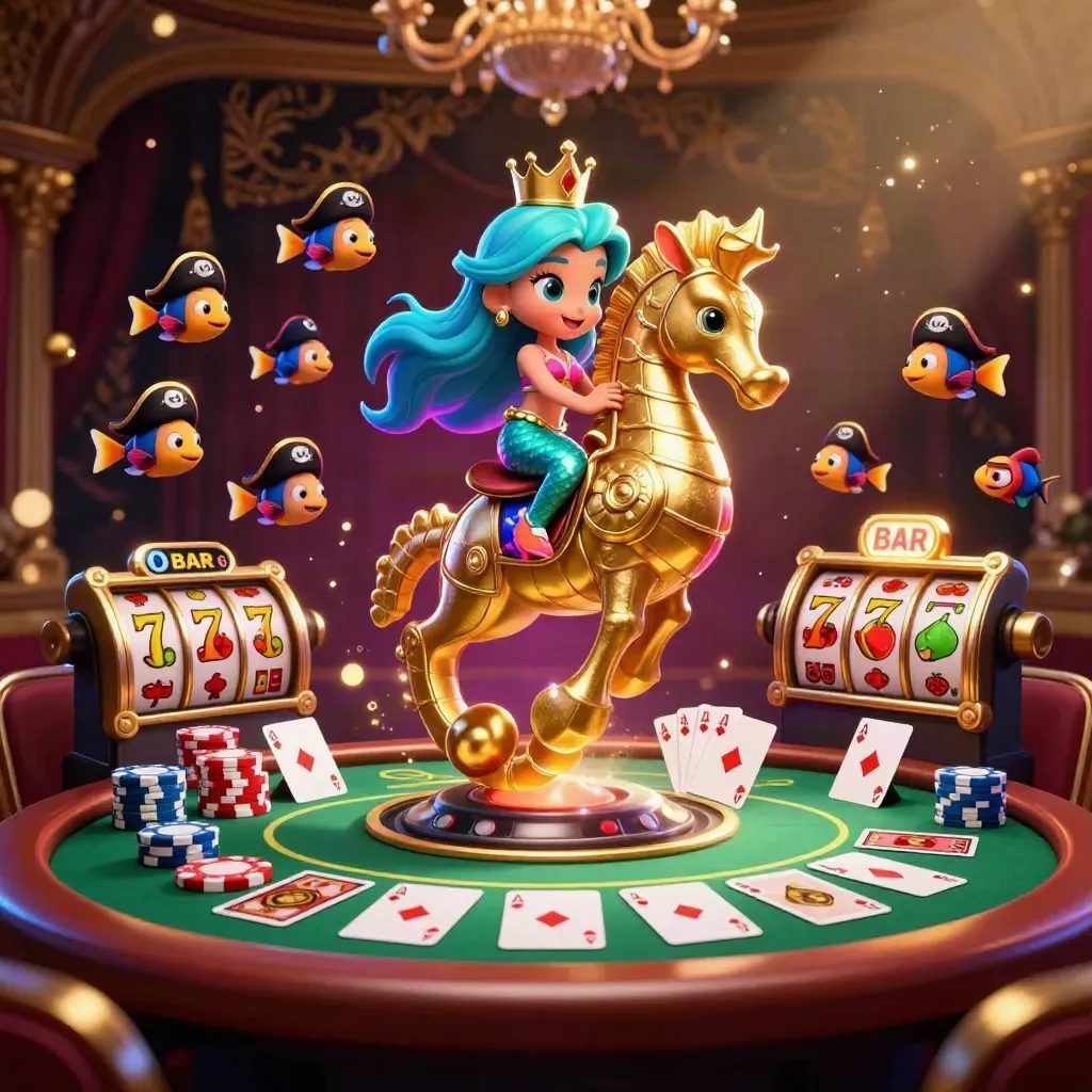Mermaid princess on armored seahorse amid chips, cards, reels, and casino glow