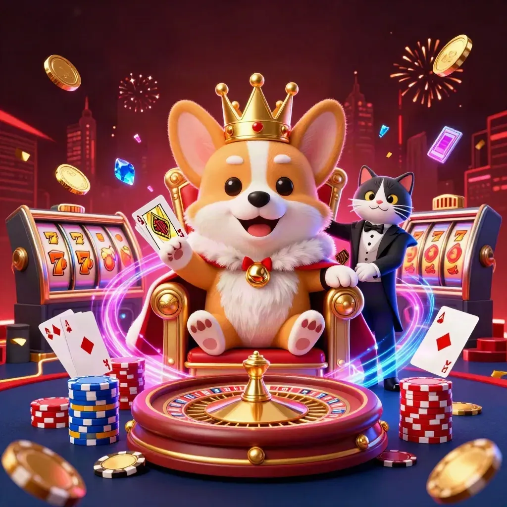 Royal corgi and cat butler amid chips, coins, roulette wheel, and neon casino sparks.