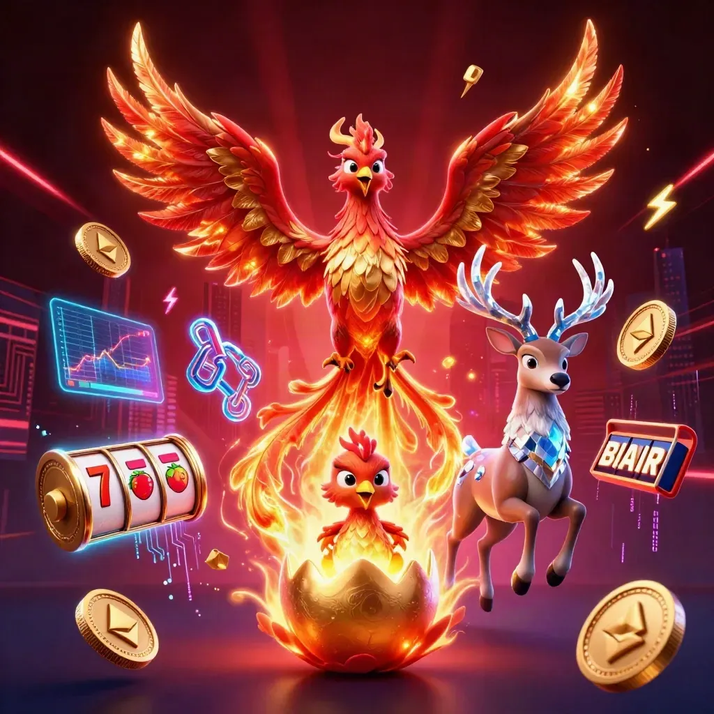 Phoenix, stag, and baby phoenix amid neon coins and city lights on a dark casino backdrop.