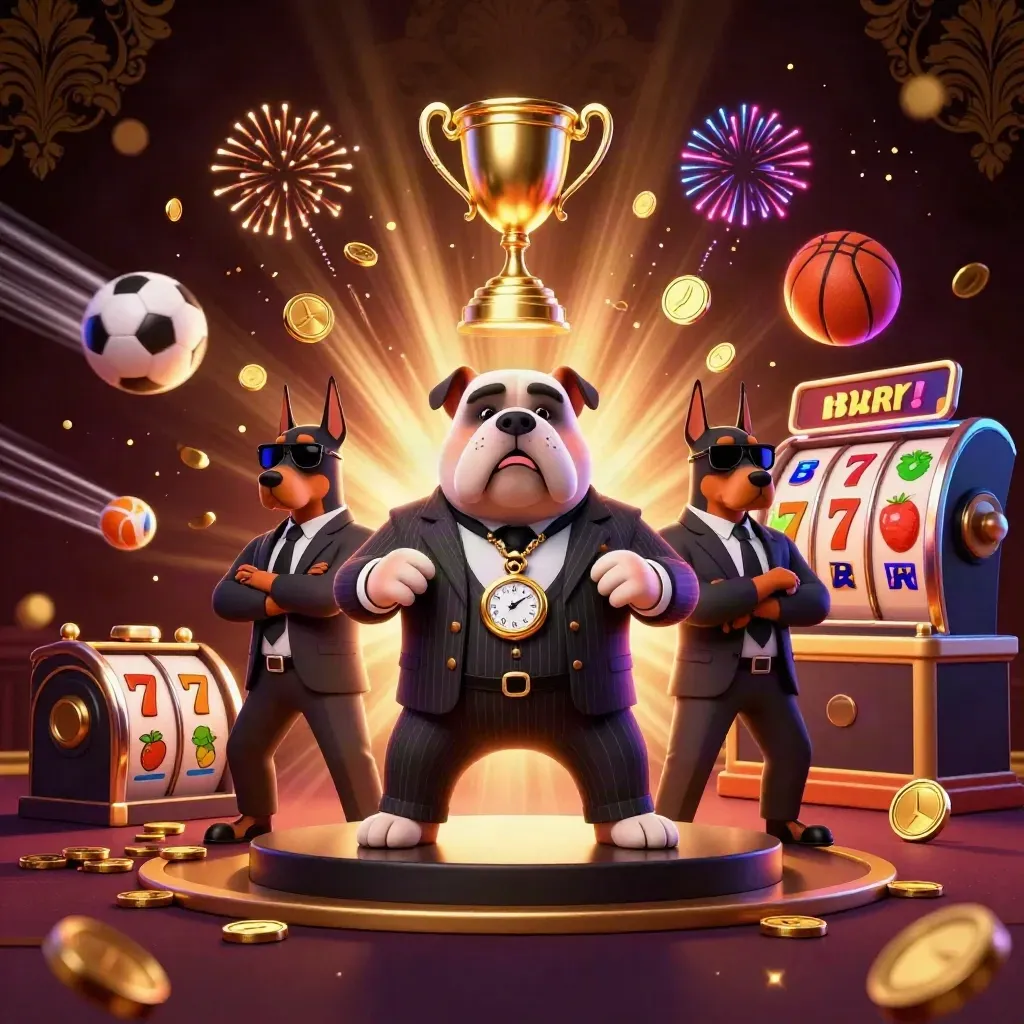 Bulldog mafia boss and Doberman guards amid coins, trophies, reels, fireworks, and neon casino lights.