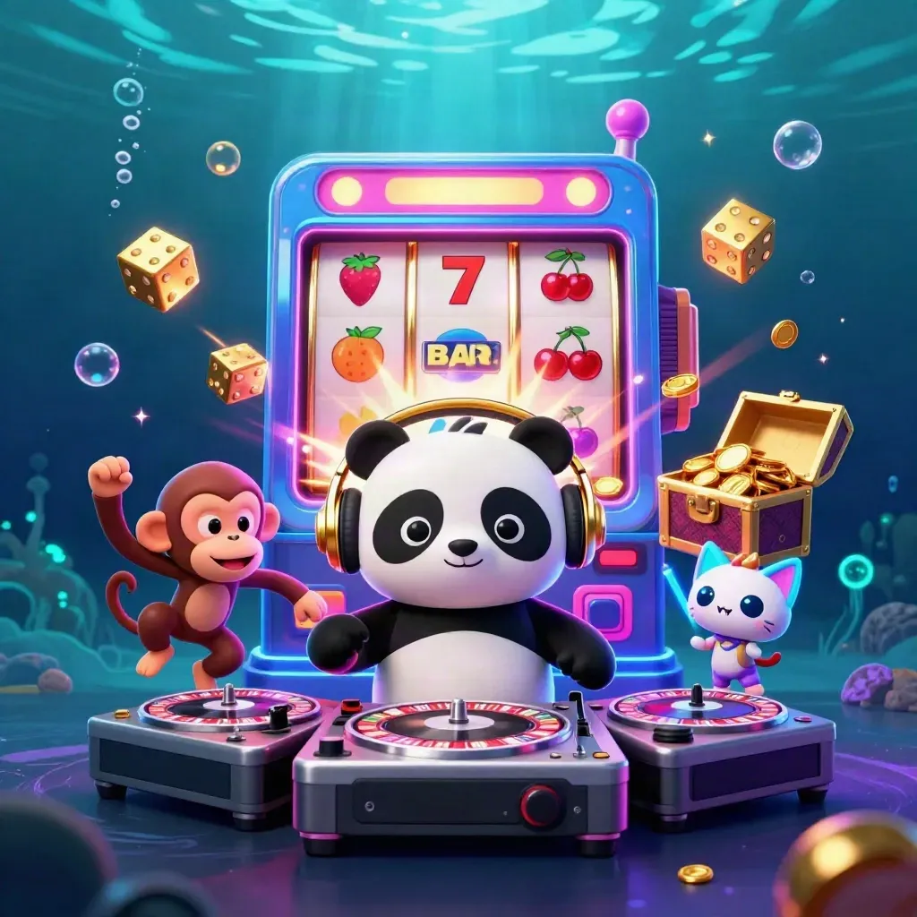 Panda DJ, dancing monkey and rave kitten around a slot machine with coins, dice and neon underwater glow
