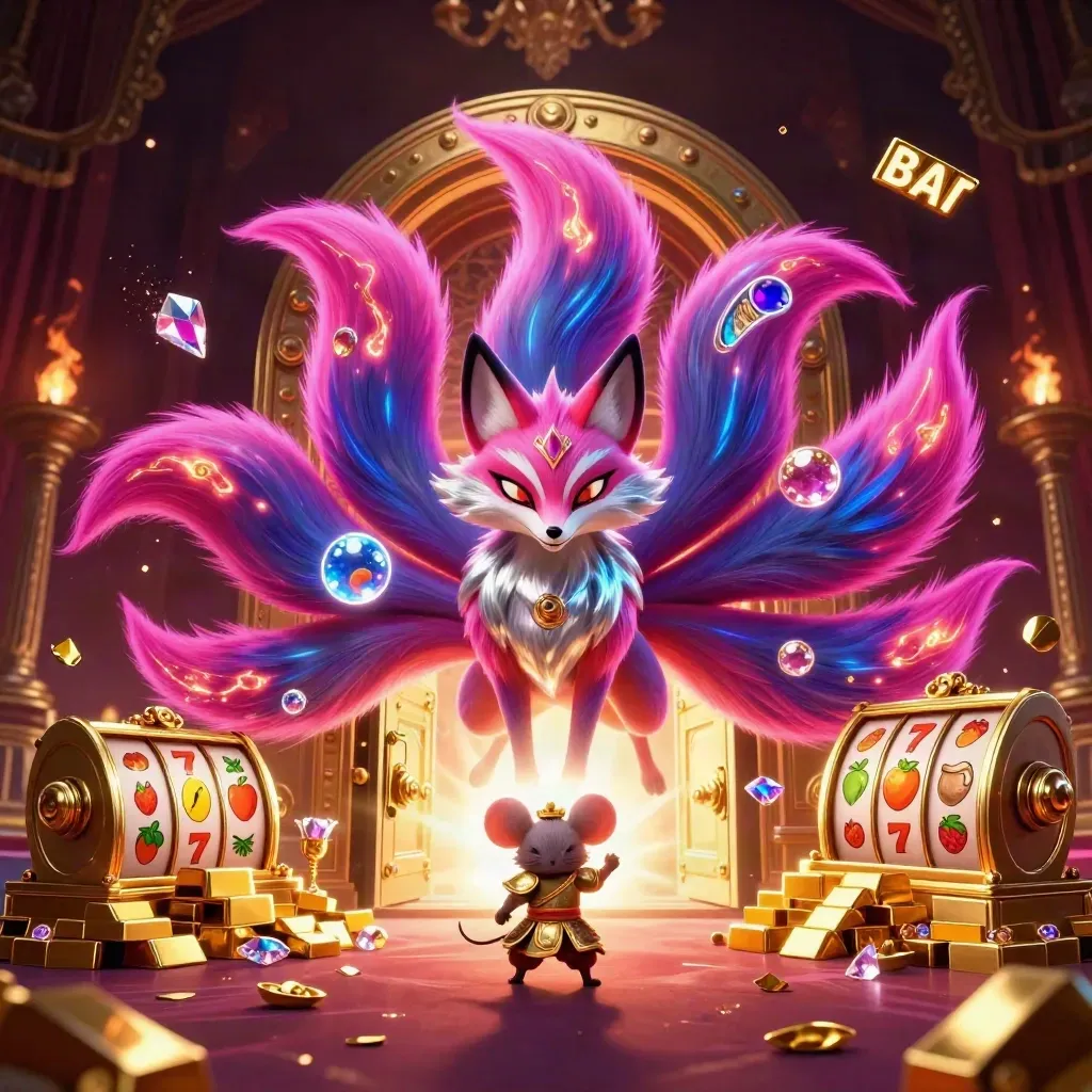 Neon nine-tailed fox and samurai mouse amid a vault blast, gold, gems, reels, and casino glow.