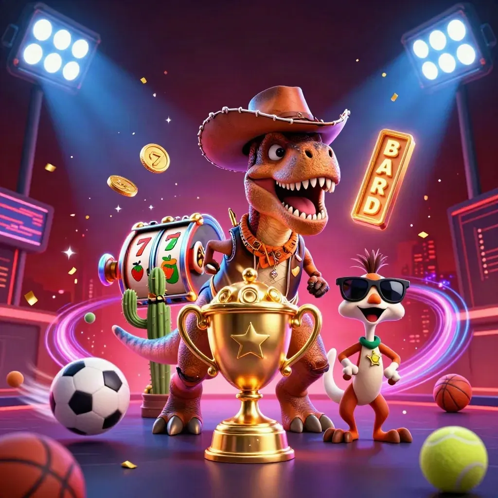 Cowboy T-Rex, cactus, and roadrunner amid slot symbols, coins, and neon casino lights