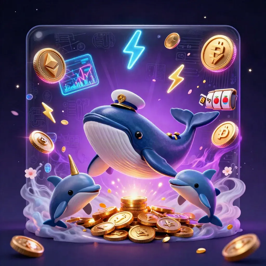 Whale captain, narwhal, and dolphins bursting through coins with neon casino effects.
