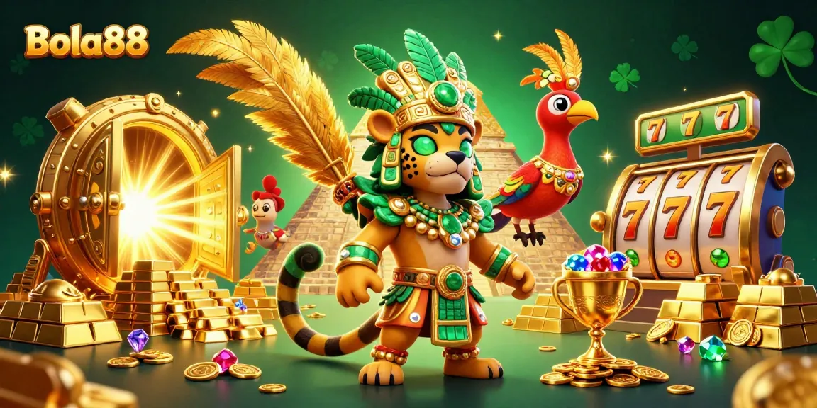 Bola88 showcases an ultra-detailed 3D casino scene with a jaguar priest amid treasures, slot reels, and vibrant energy.