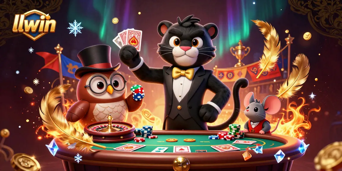 llwin players engaging in thrilling casino games with a tuxedoed panther, poker owl, and lucky mouse