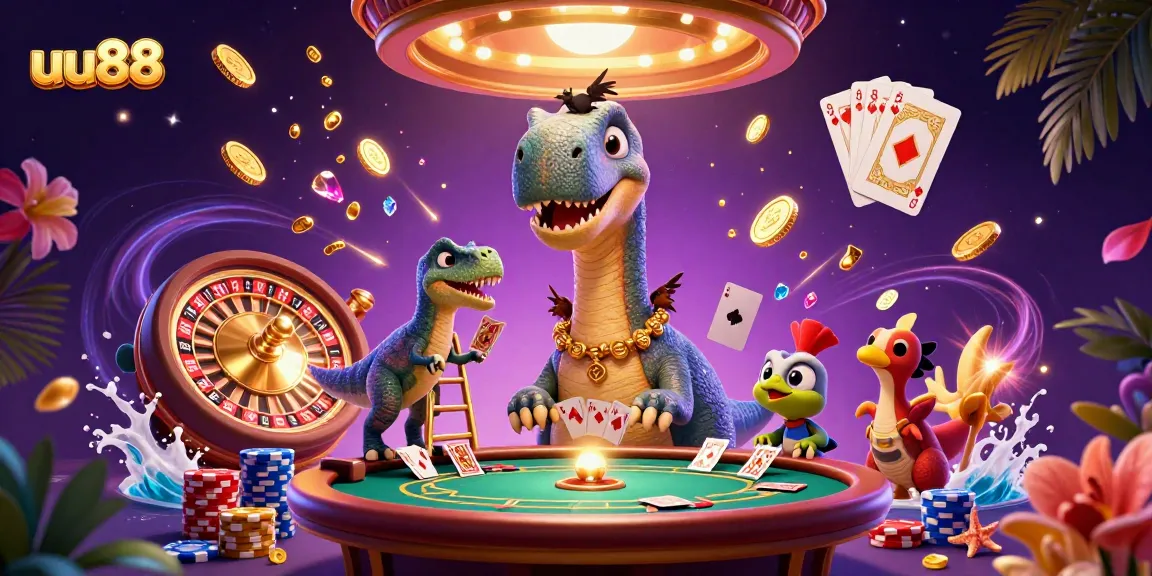 Immerse in the uu88 casino experience as a giant brontosaurus watches a clever raptor dealing cards.