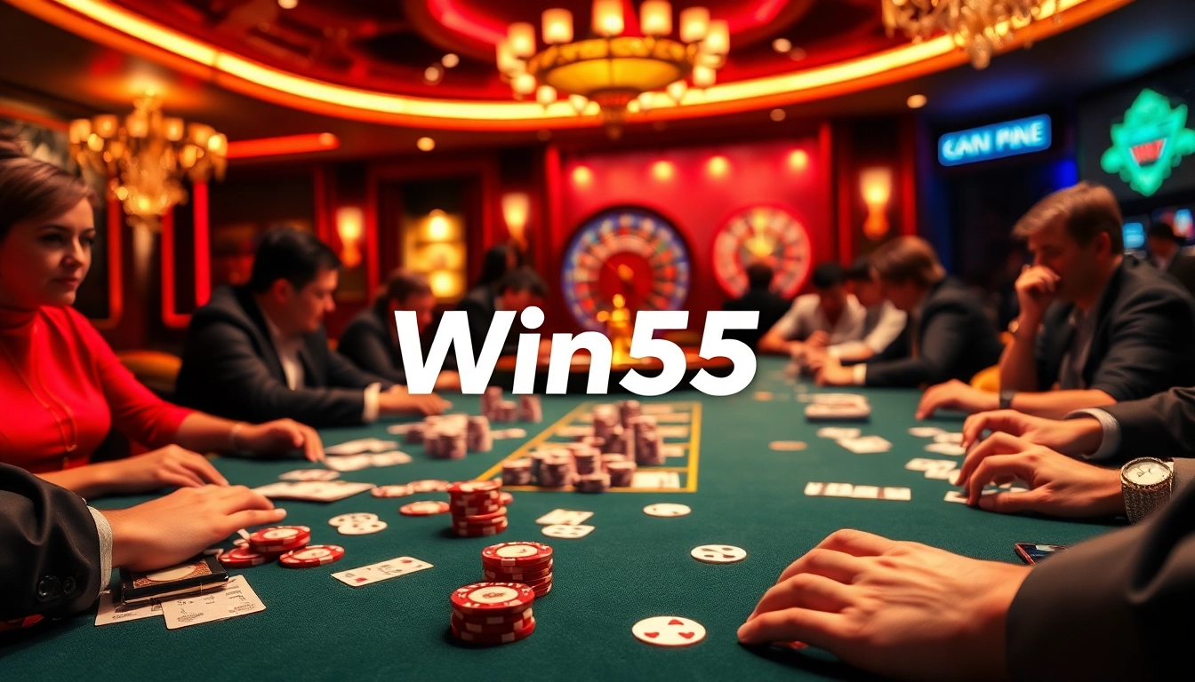 Exciting live poker action at Win55 casino with professional players and vibrant poker chips.