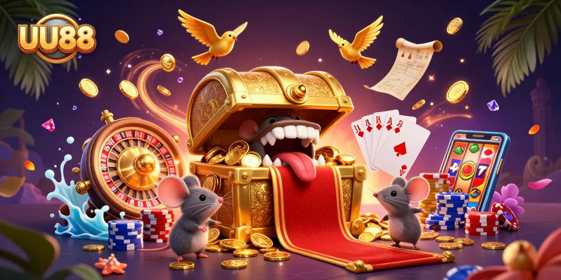 Experience thrilling wins with UU88 in this vibrant 3D casino illustration filled with golden treasures.