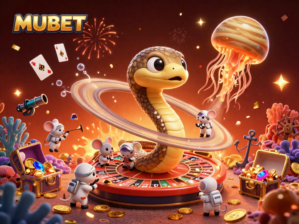 Experience thrilling betting action with MUBET's cosmic casino illustration featuring a roulette wheel and vibrant characters.