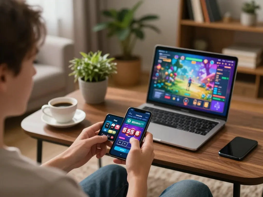 Engaging with the 555win casino app on a smartphone in a cozy home setting.
