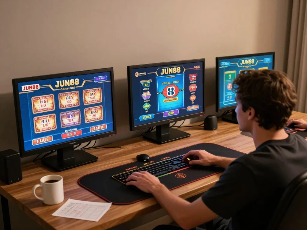 Engaging in online casino games at JUN88 with multiple screens and a cozy home setup.
