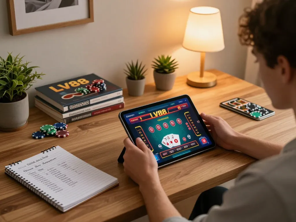 lv88 user engaged in online casino gaming while managing bets and strategy notes at home.